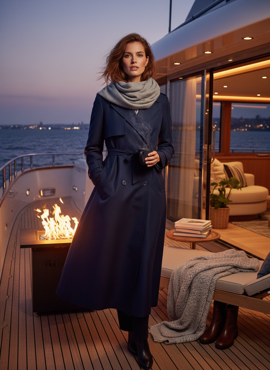 Navy Blue Trench & Grey Scarf