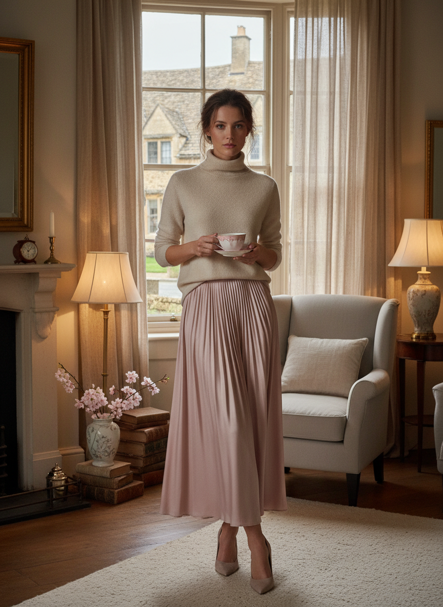 Cashmere Turtleneck & Silk Skirt