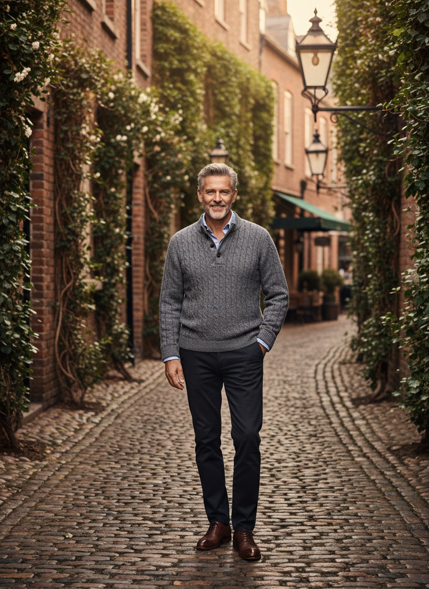 Grey Knit Sweater Over Collared Shirt