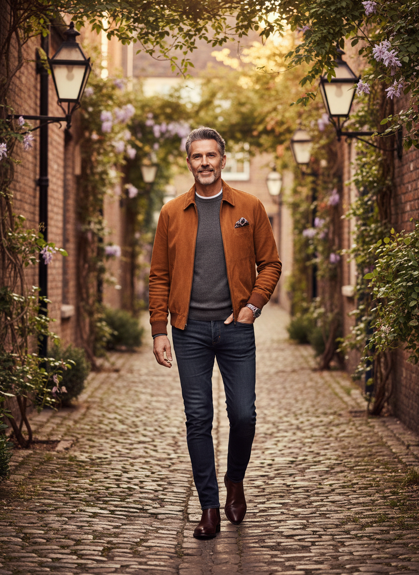 Suede Jacket and Dark Denim Look