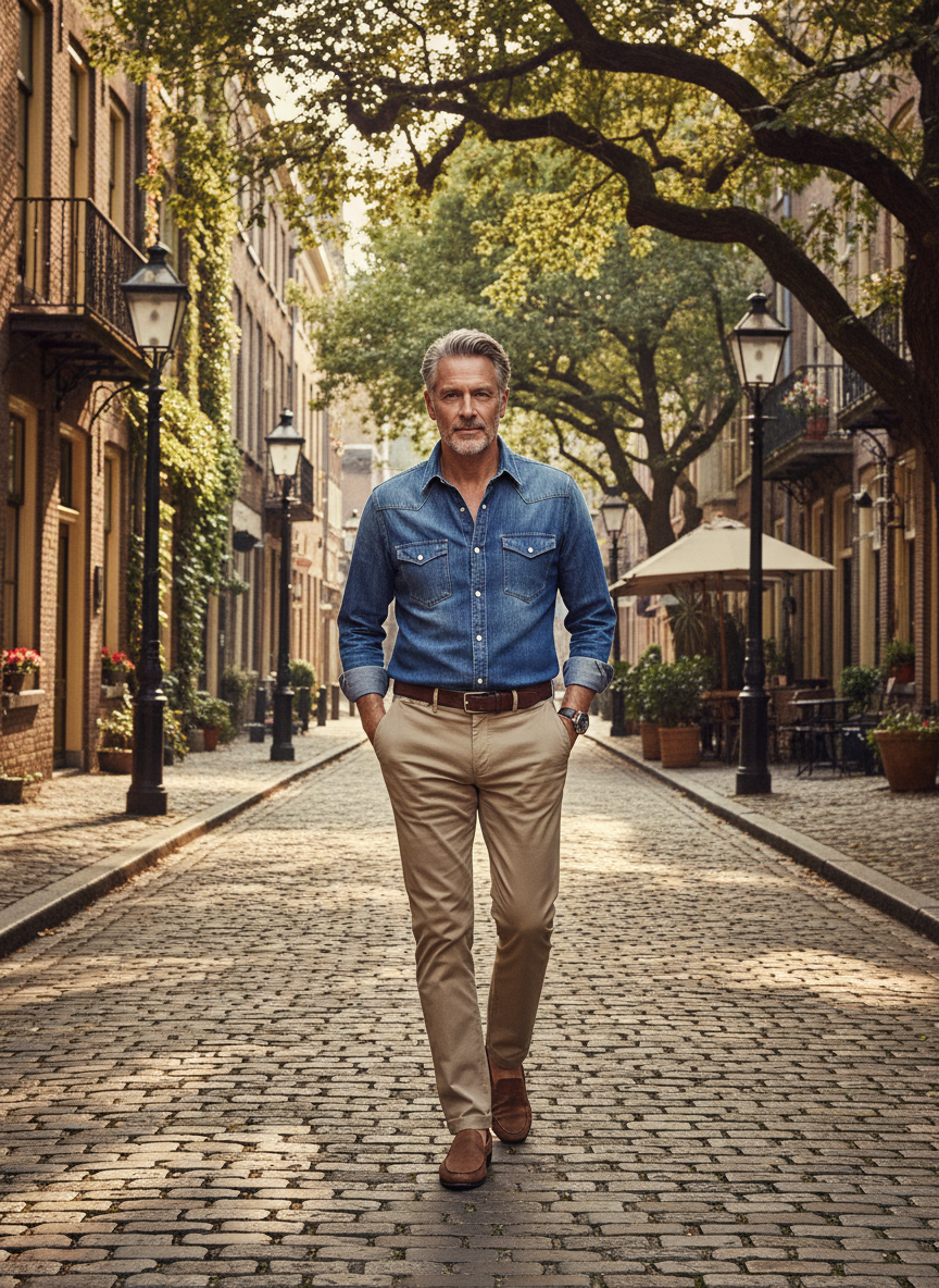 Denim Shirt and Beige Chinos Pairing