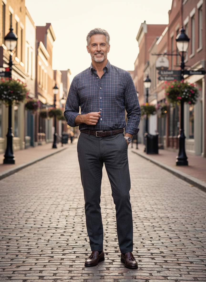 Checkered Shirt with Dark Slacks