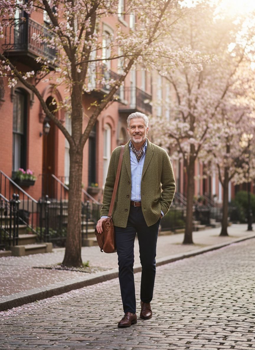 Cardigan Layered Over Oxford Shirt