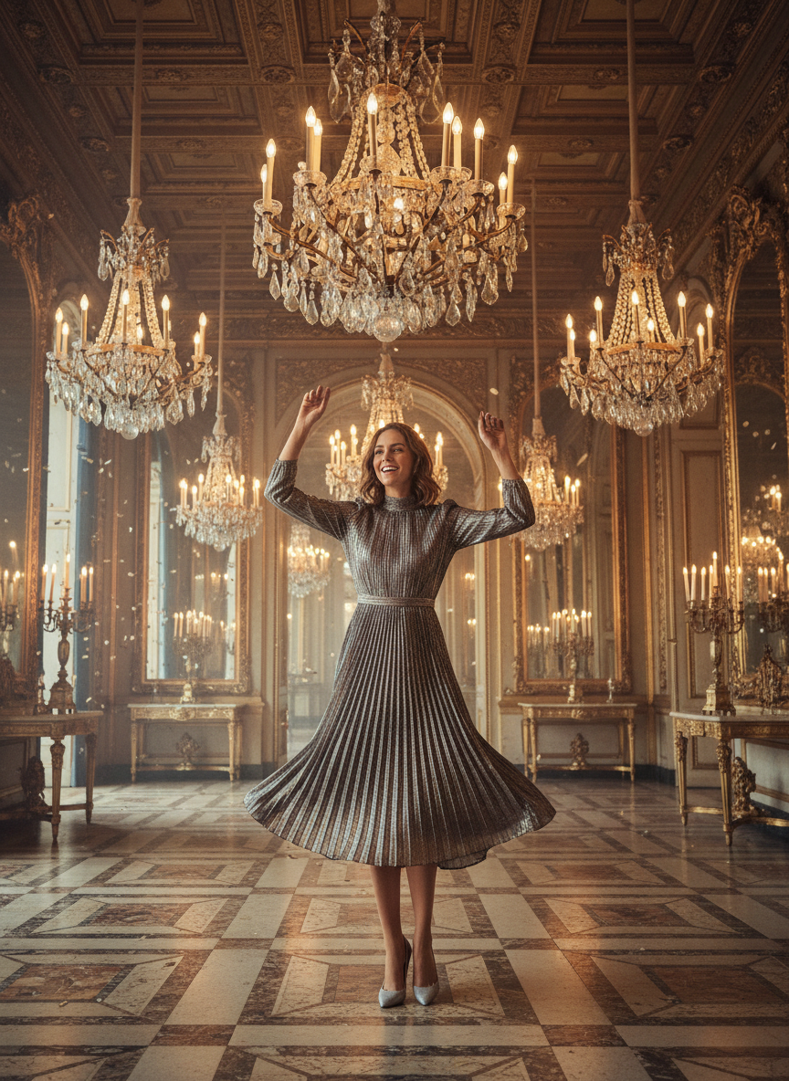 Metallic Pleated Midi Dress