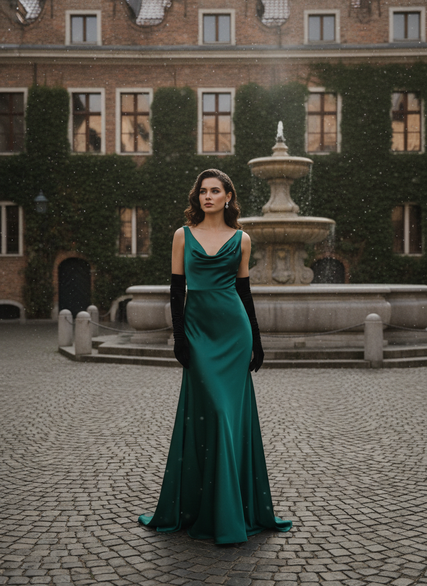 Emerald Silk Cowl Neck Dress