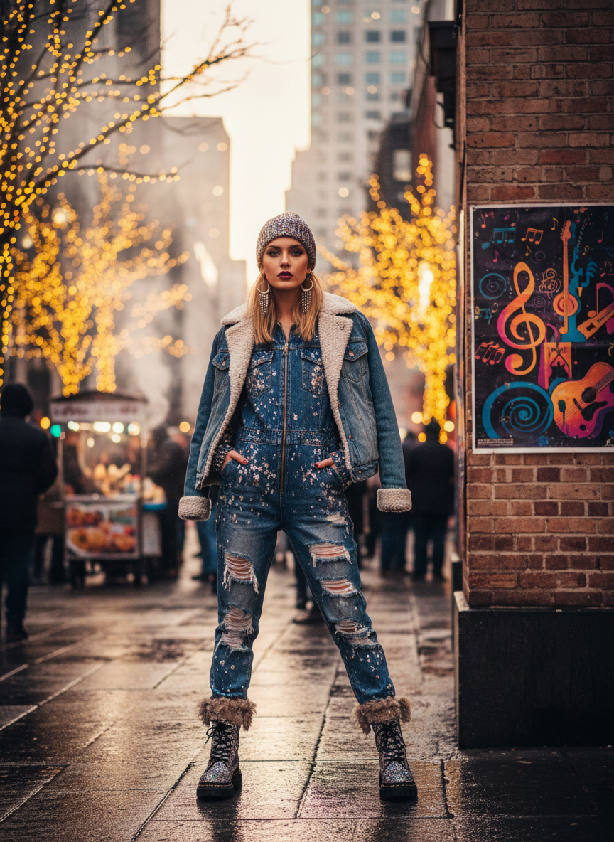 Denim Jumpsuit Winter Concert Outfit