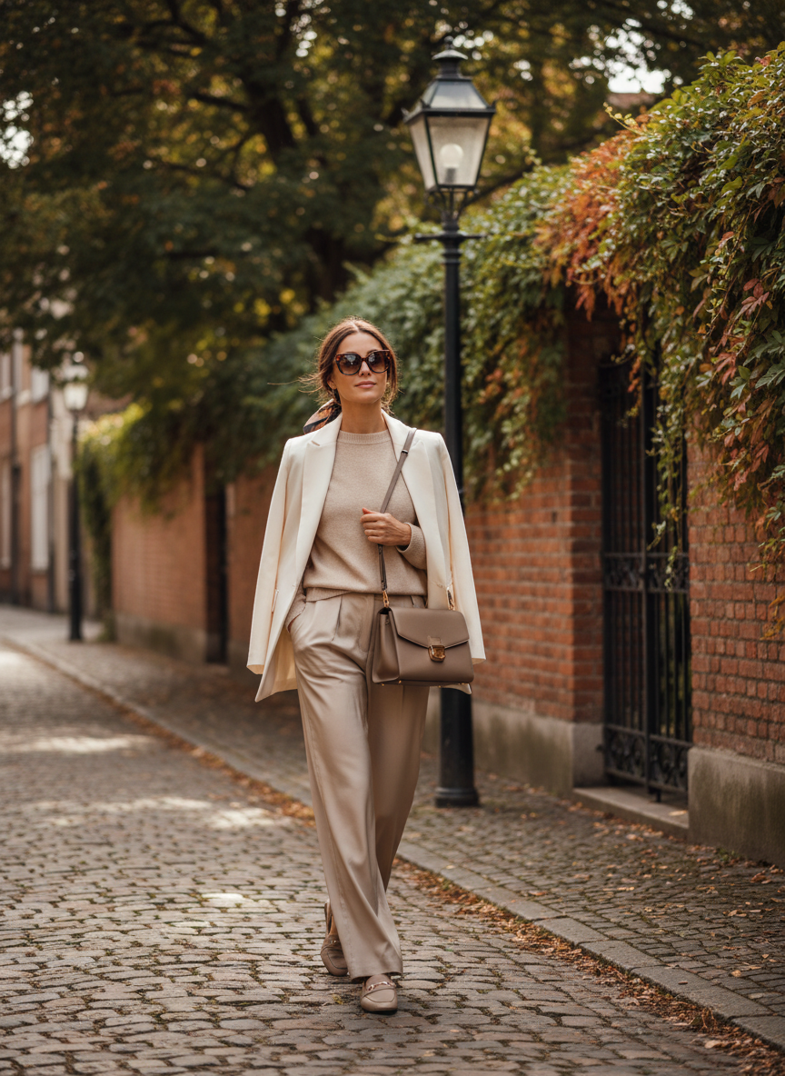 Beige Wide Leg Trousers
